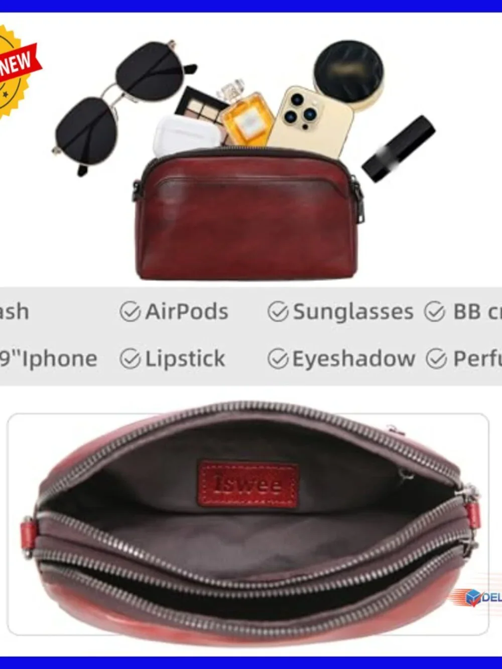 Genuine Leather Crossbody Bag with Multiple Pockets, Adjustable Straps